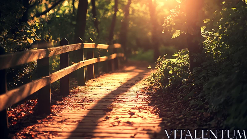 Sunlit Wooden Path Through Forest with Warm Golden Light.