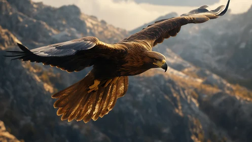 Majestic golden eagle soaring over rugged mountain landscape, realism.