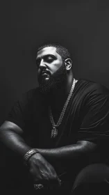 Moody black and white portrait of bearded man with jewelry.