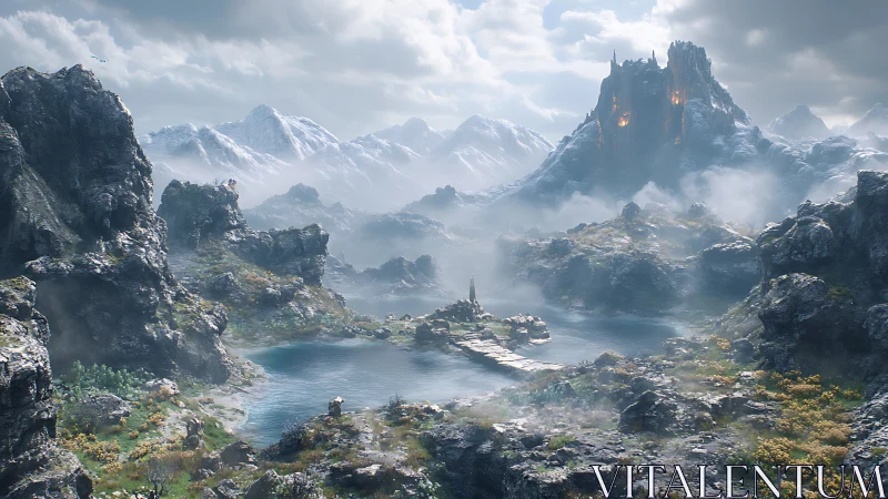 Storm-kissed valley and ember-lit citadel in misted highlands.