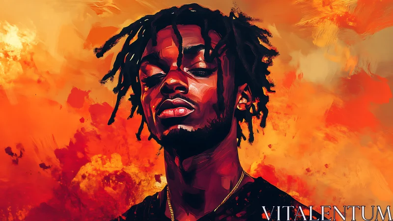 Bold digital portrait amid molten orange abstract blaze.