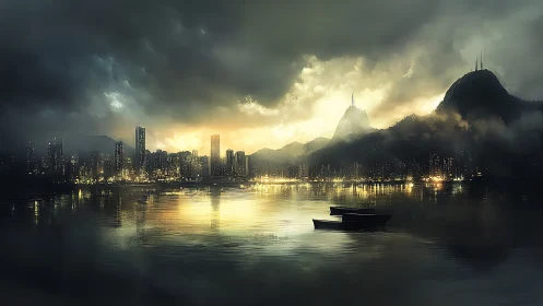 Storm-lit harbor city glows beneath looming mountain clouds