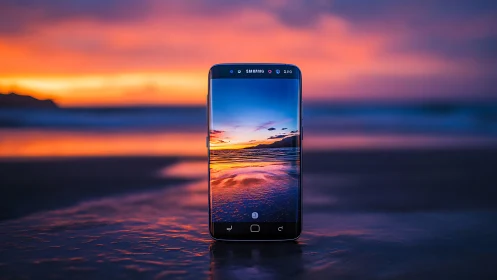 Smartphone on wet shoreline displaying coastal sunset scene.