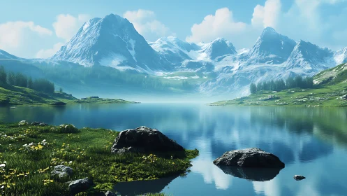 Gentle alpine lake reflects bright snow capped mountain peaks