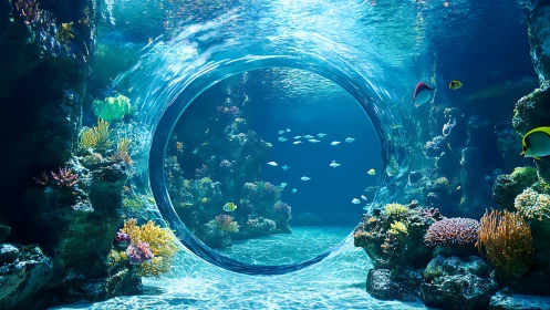 Surreal underwater portal shimmers amid vibrant coral reef