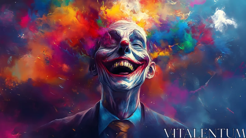 Clown-faced man laughs as vivid multicolored clouds erupt