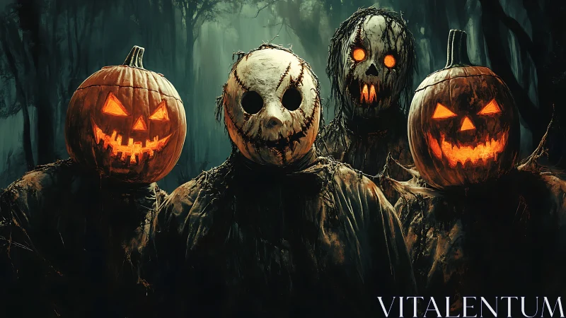 Four luminous pumpkin-headed figures dominate a haunted forest