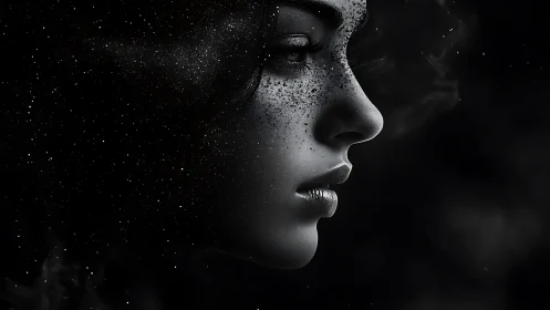 Profile portrait of woman with dispersed particle texture.