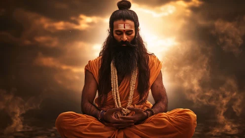 Mystic yogi meditates within radiant celestial cloudlight.