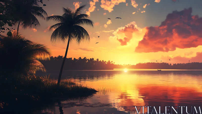 Tropical shoreline with palm silhouettes at sunset over water.