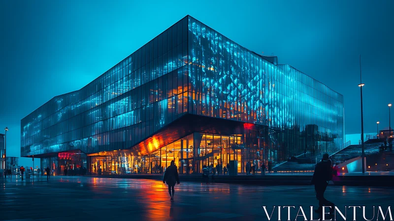 Glass concert hall glowing with blue and amber night light.