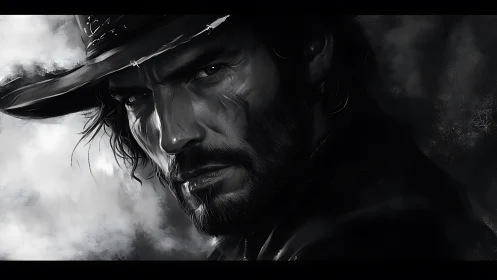 Weathered gunslinger glares through smoke in stark profile