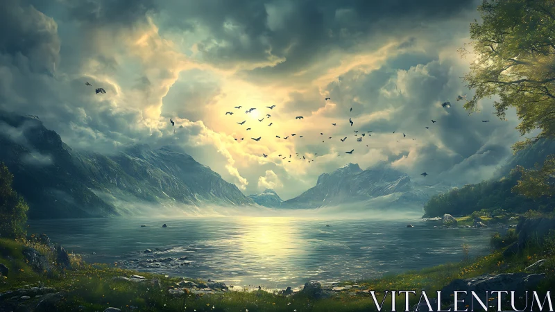 Storm-kissed mountain lake beneath a spellbound sunrise sky.