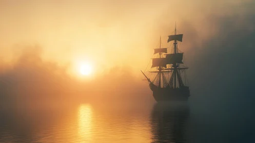 Sunlit tall ship silhouette emerging through coastal fog.