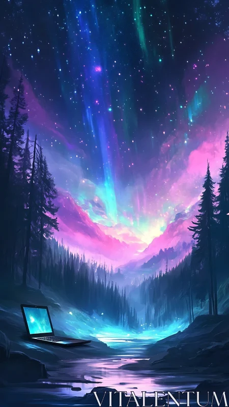 Aurora data stream over neon valley and dreaming laptop.