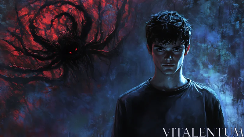 Brooding teen portrait under looming red void horror entity