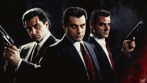 Tense trio of suited gunmen stands united in shadowy haze