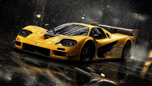 Yellow race car under heavy rain on reflective wet street.