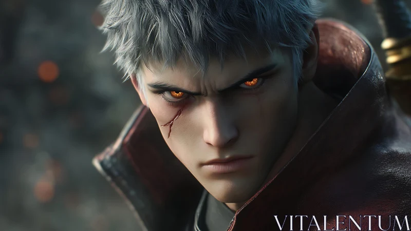 Digital portrait shows silver-haired male with glowing eyes