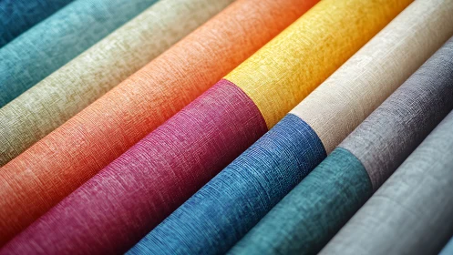 Textured fabric rolls display bold gradient color spectrum.