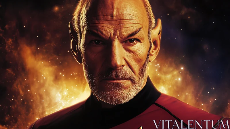 Stern space commander stands before blazing starfield glow