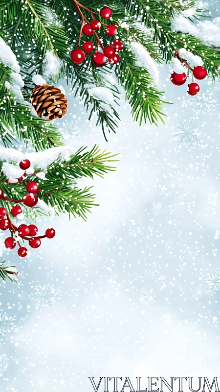 Snow-kissed pine branches with berries on frosty sky backdrop.