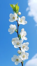White flowering branch photographed against blue sky.