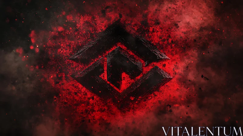 Angular metallic emblem disintegrates into red particulate nebula