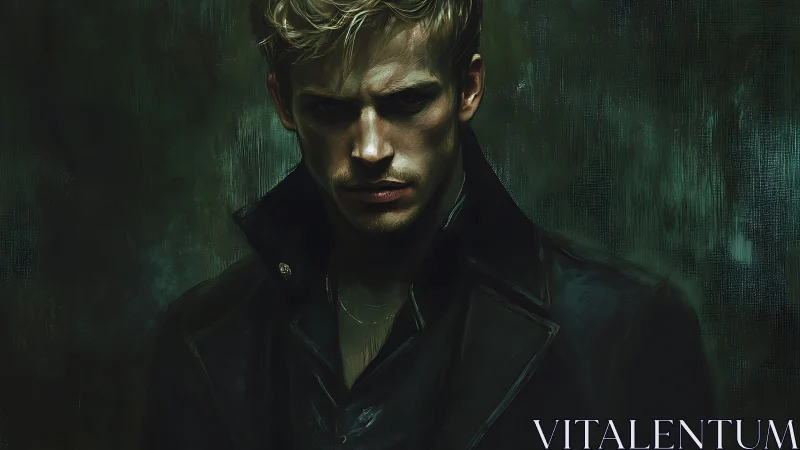 Moody digital portrait of brooding man in dark leather coat