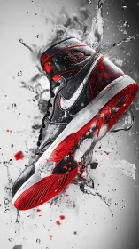 High-top athletic sneaker captured in midair splash motion