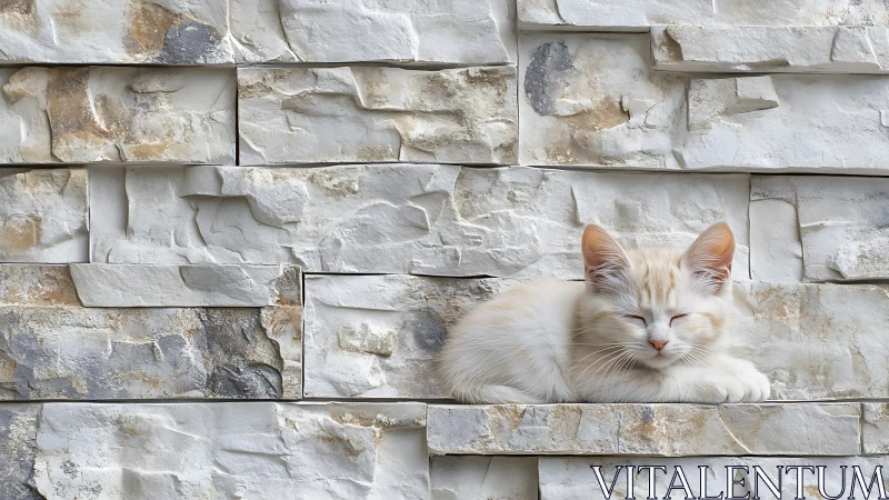 White Cat Resting Against Textured Stone Facade Wall