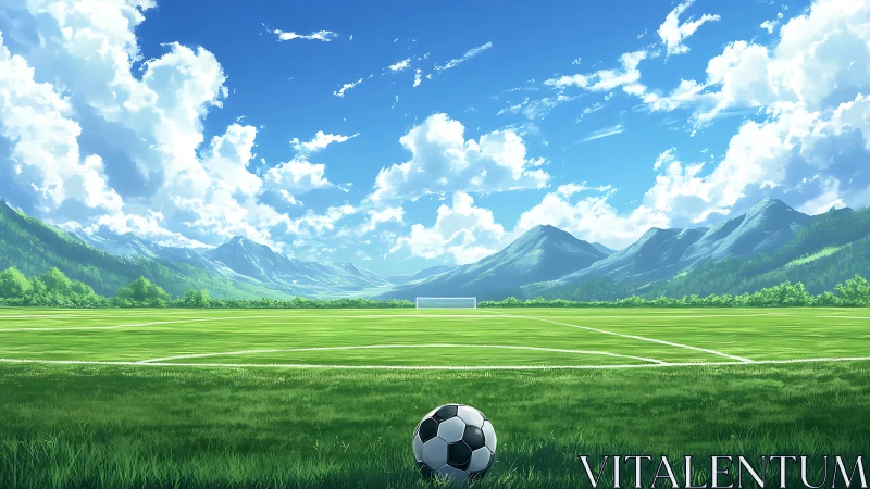 Sunlit mountain soccer field waits quietly for the next game