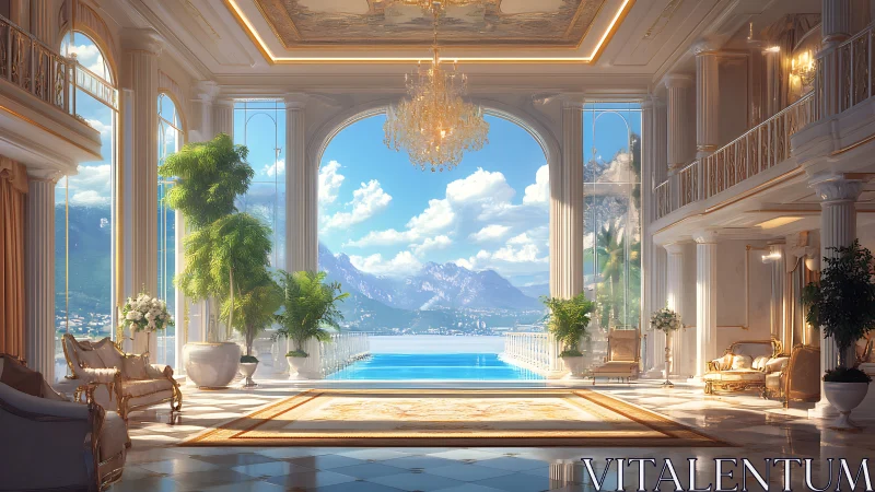 Luxurious neoclassical hall overlooking infinity pool and bay.