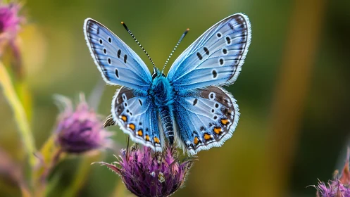 Blue butterfly rests on thistle flower in shallow focus field