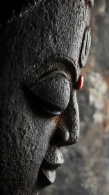 Serene stone face in gentle light with a quiet red accent.