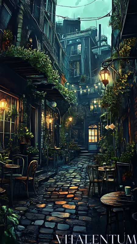 Nocturnal rainwashed alley caf&eacute; with dense vertical greenery.