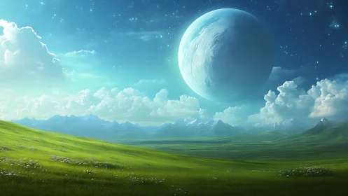 Vast green valley lies beneath colossal blue planet