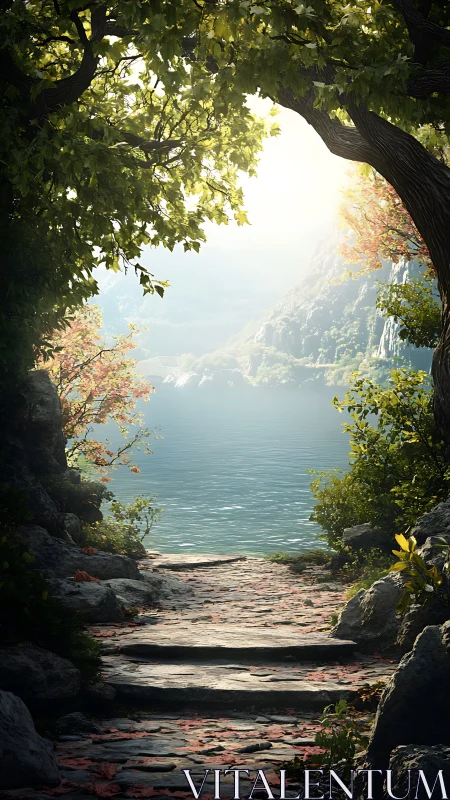 Stone forest path opens onto sunlit mountain lake vista