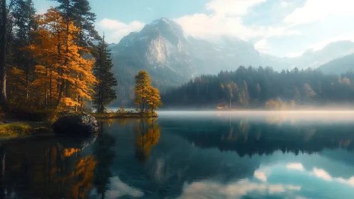 Autumn alpine lake with mist-laden reflections and soft diffusion