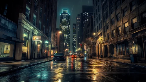 Nocturnal wet street corridor with high-rise luminance grid.