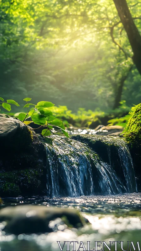 Sunlit forest brook whispers over mossy stone ledges
