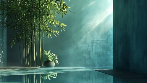 Indoor bamboo and pool scene lit by angled natural sunlight