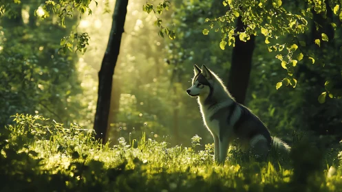 Gentle husky resting in a golden forest morning glow.
