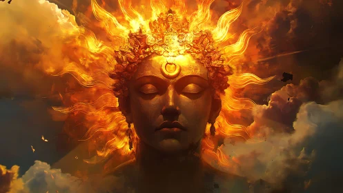 Solar crowned deity drifts in clouds of molten twilight