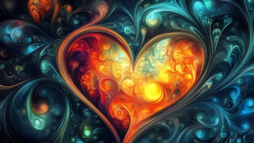 Radiant fractal heart swirling in luminous teal cosmos.