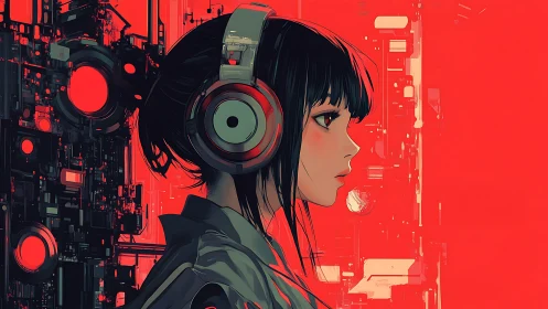 Cyberpunk profile portrait with neon red auditory rig.