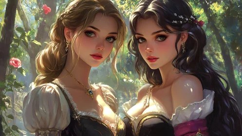 Two Elegant Women in Fantasy Forest, Romantic Realism Digital Art.
