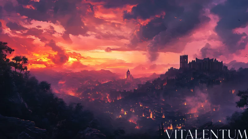 Medieval Castle City at Sunset with Atmospheric Haze