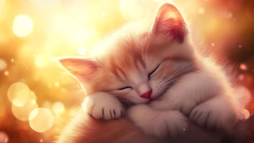 White Cat Resting in Golden Warm Sunlight with Bokeh