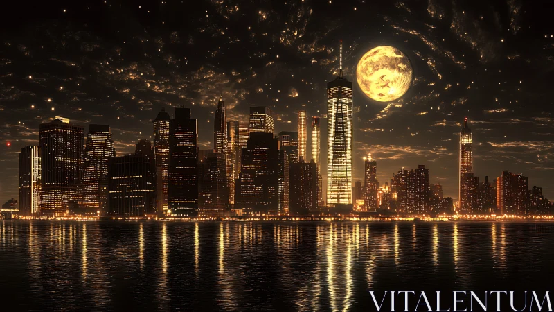 Luminous futuristic skyline under full moon over water.